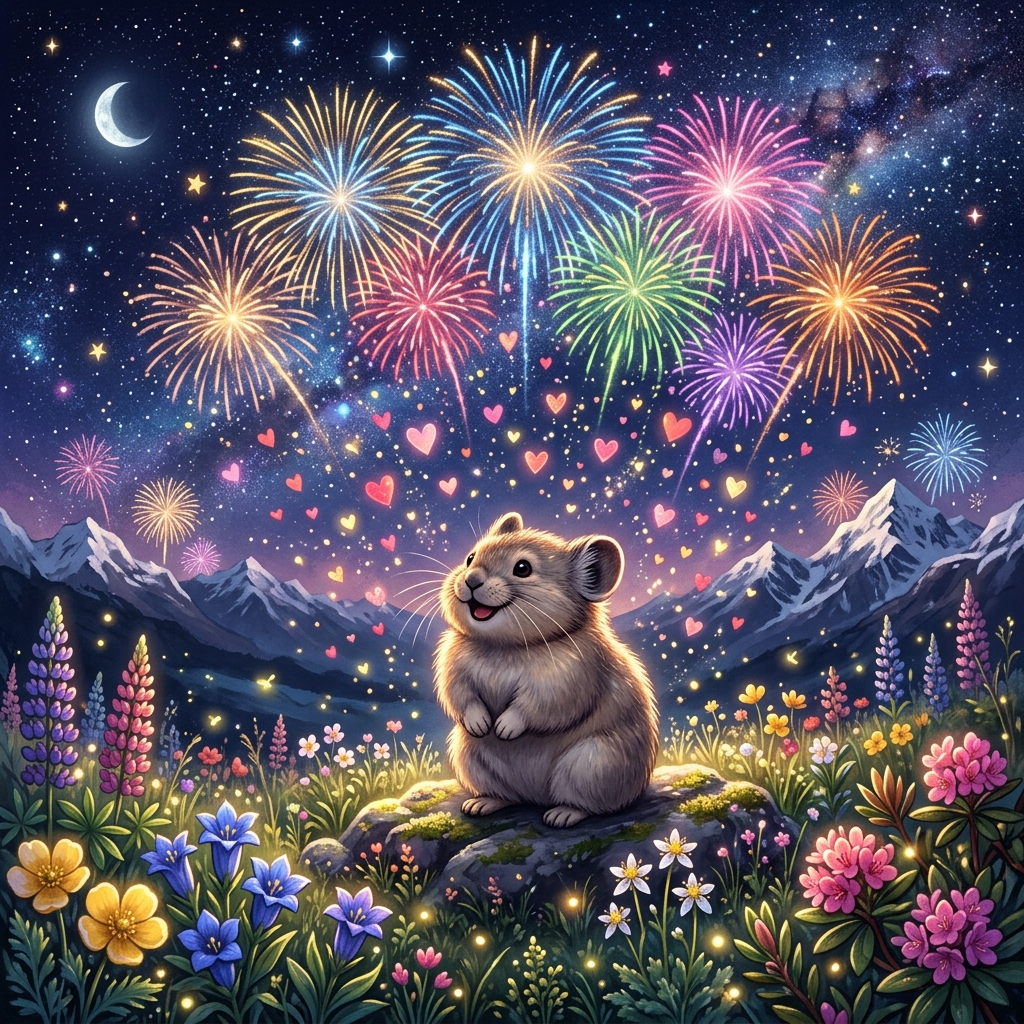 Pika Celebrating under fireworks